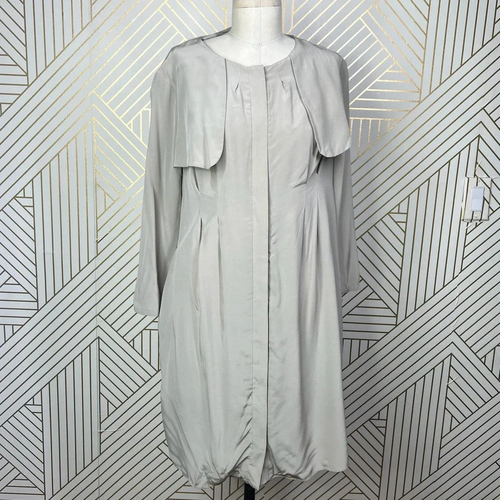 Nellie Partow Zip Front Beige Cream Silk Trench Dress Size US Small